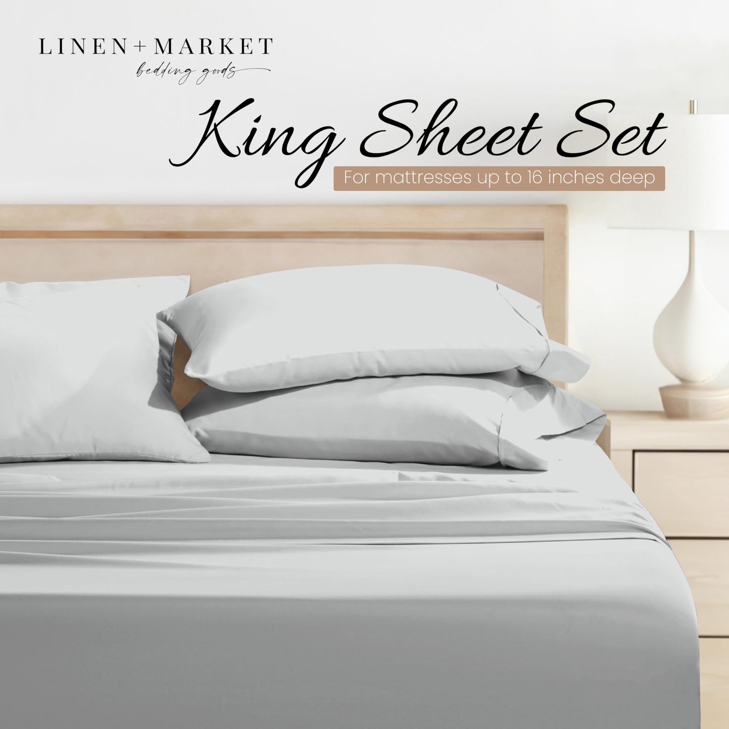 Linen Market Brushed Microfiber King Sheet Set 4 Piece – Oeko-TEX Certified Ultra Soft & Wrinkle-Free - 16" Deep Pocket Sheets - Easy Care King Size - Light Gray