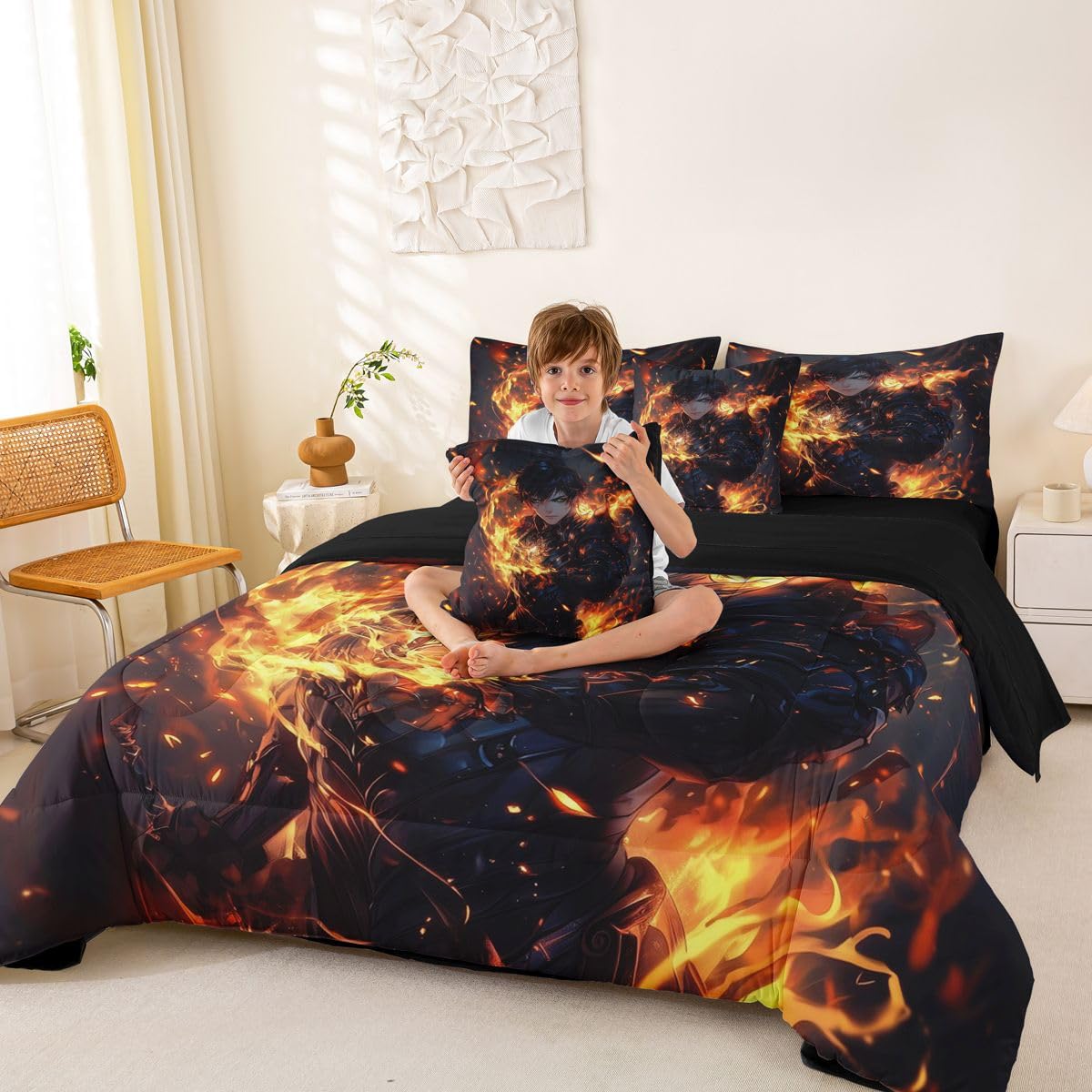 Erosebridal Japanese Anime King Bedding Set,Anime Boy Comforter Set for Boys Kids Teens Gamer Gaming Room Decor,Video Game Style Bed Set 7 Piece with Fitted Sheet,Flat Sheet,Pillowcases