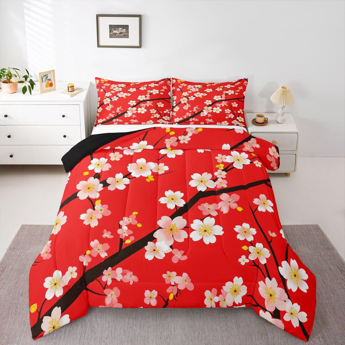 jejeloiu Cherry Blossom Kids Comforter Set Queen Size Japanese Style Bedding Set Chinese Ink Painting Duvet Quilt for Kids Boys Girls Bedroom Plum Blossom Decor Microfiber Ultra Soft Breathable