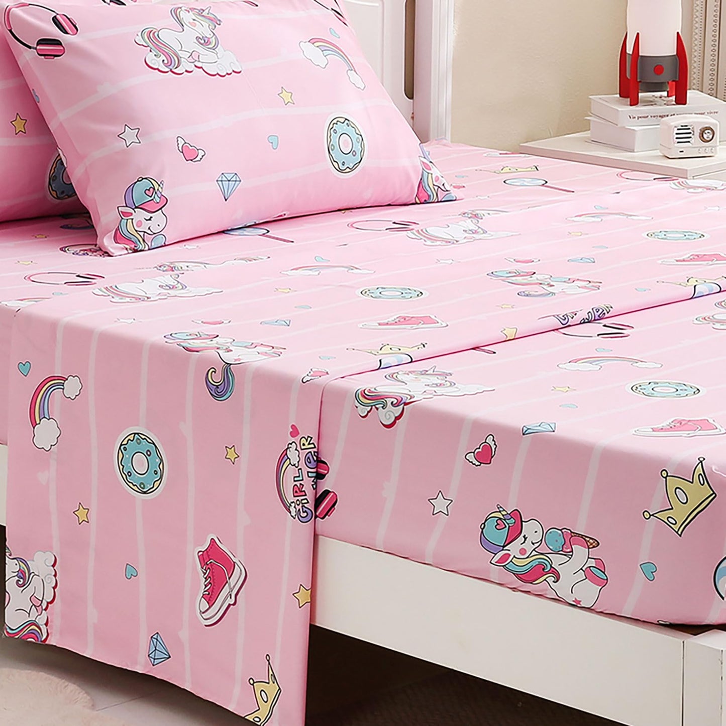 Ocharo Unicorn Twin Sheets Set Kids - 3 Pcs Girls Rainbow Printed Microfiber Bed Sheets,Pink Cartoon Style Deep Pocket Fitted Sheets,Soft Cute Sheets for Bedroom Room