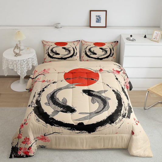 Feelyou Fish Bedding Set for Kids Boys Girls Queen Size Cherry Blossoms Comforter Set Ultra Soft Japanese-Style Comforter Floral Botanical Duvet Quilt Bedroom Decor Exotic Quilt