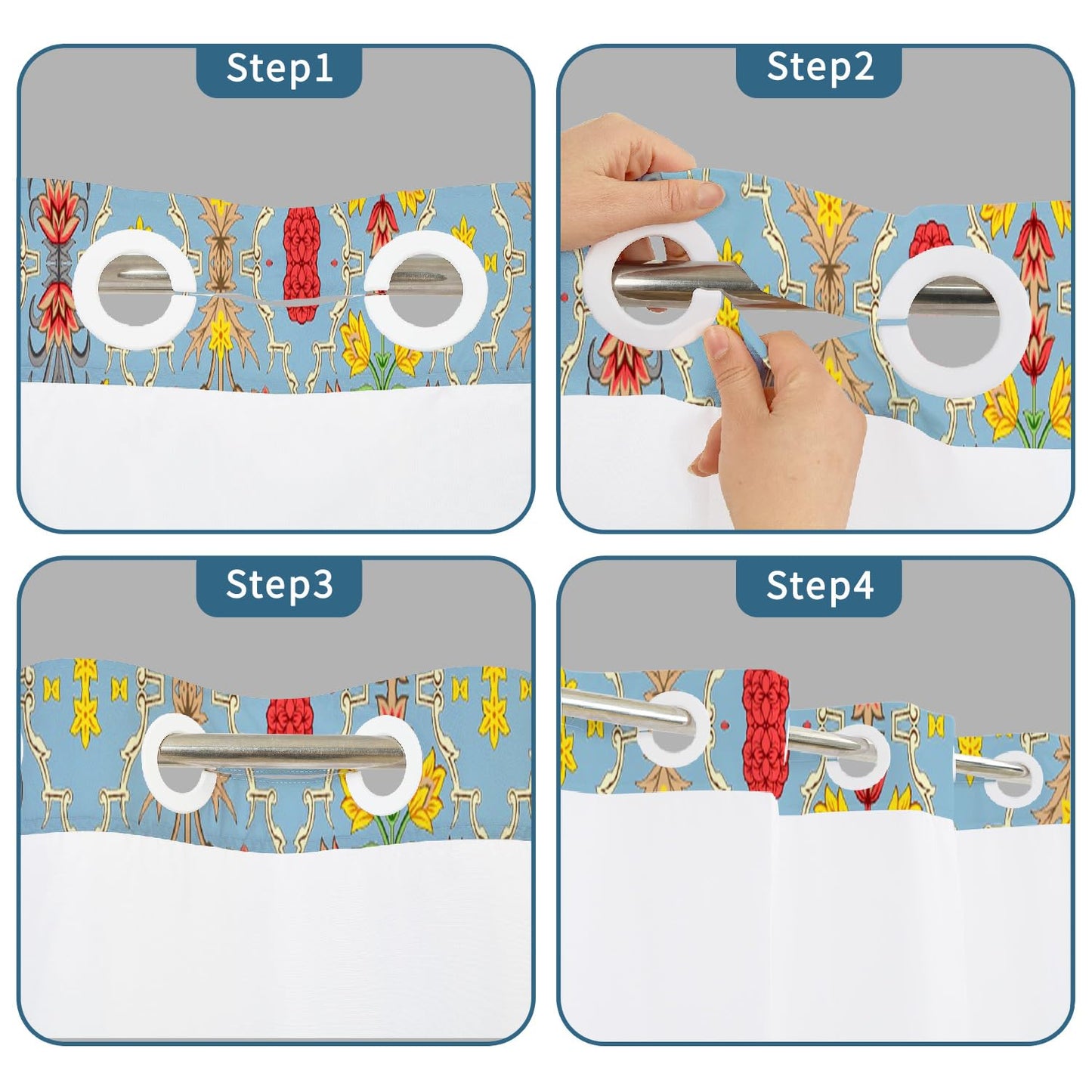 NAEMBCU Blue Floral No Hook Shower Curtain with Snap in Liner Set 71x74 in