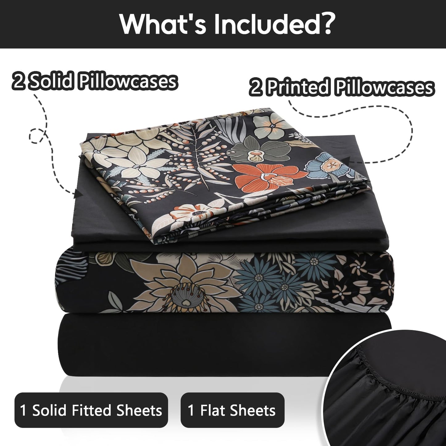 LONAVA Flower Queen Size 6 Pcs Sheet Set, Breathable Microfiber Deep Pocket Black Fitted Sheets, Comfy & Breathable Patterned Flat Sheets,4 Gentle Soft Pillowcases, Midnight Blossoms