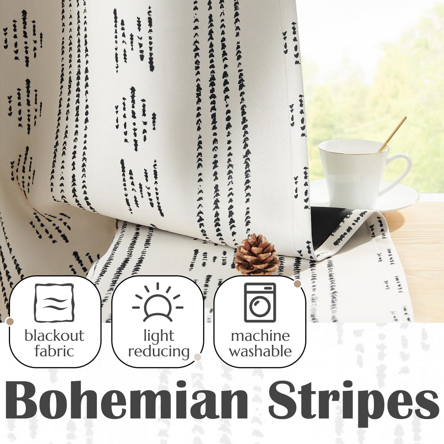 jinchan 95% Blackout Boho Kitchen Curtains 36 Inches Cafe Tier Curtains Bohemian Small Drapes for Bedroom RV Basement Half Window Room Darkening Thermal Insulated 2 Panels Black on Beige