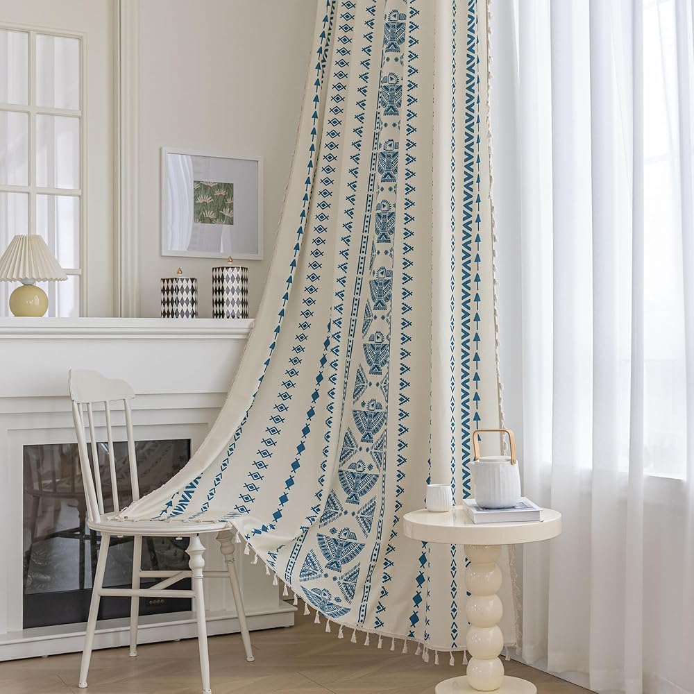 Erbnaryx Blue Geometric Curtains 72 Inches Long, Boho Farmhouse Light Filtering Rod Pocket Drapes with Tassel Trim for Bedroom Living Room, 2 Panels