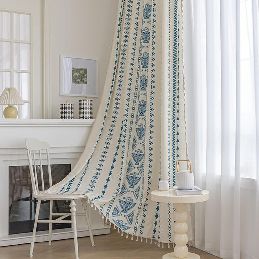 Erbnaryx Blue Geometric Curtains 72 Inches Long, Boho Farmhouse Light Filtering Rod Pocket Drapes with Tassel Trim for Bedroom Living Room, 2 Panels