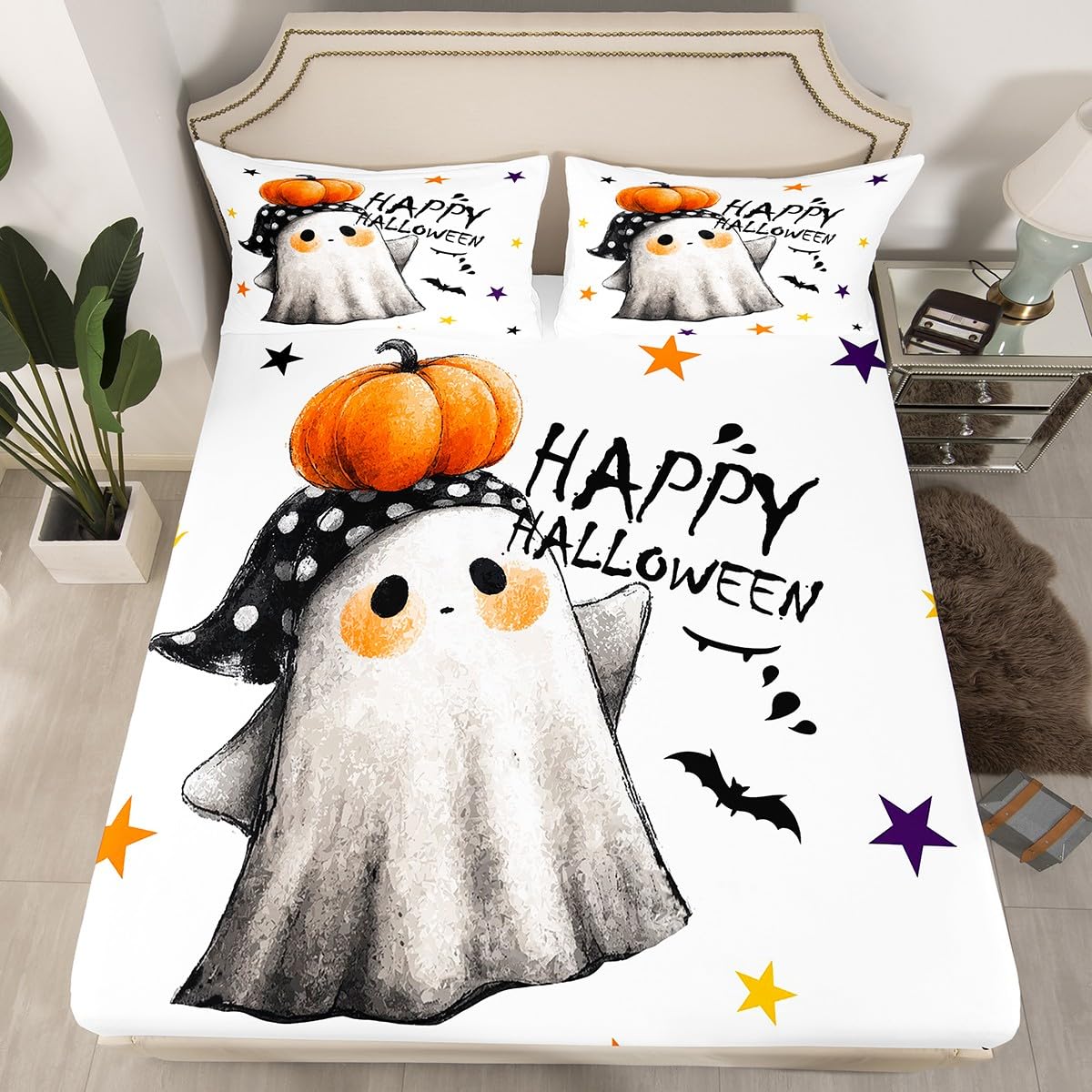 Feelyou Kids Halloween Bed Sheet Set Full Size, Cute Ghost Fitted Sheet Happy Halloween Bedding Set Boys Girls Horror Decor Teens Bedroom Decor Lightweight Bed Set (No Flat Sheet)