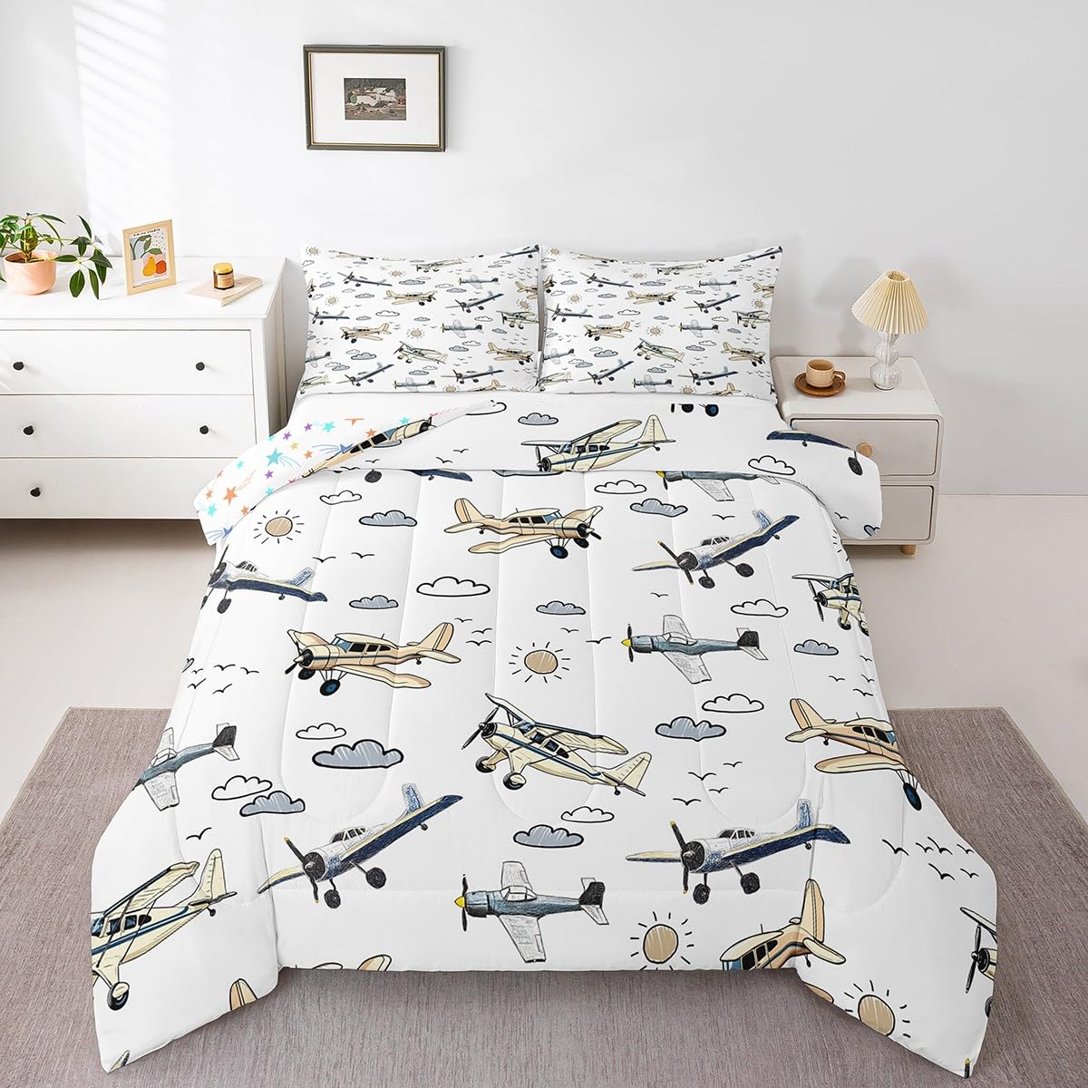 Manfei Kids Airplane Kids Comforter Full,Toddler Cartoon Plane Bedding Set for Teens Youth Children Men,Boys Teens Airplane Reversible Quilt Sets,Aviation Theme Bedding Comforter Set