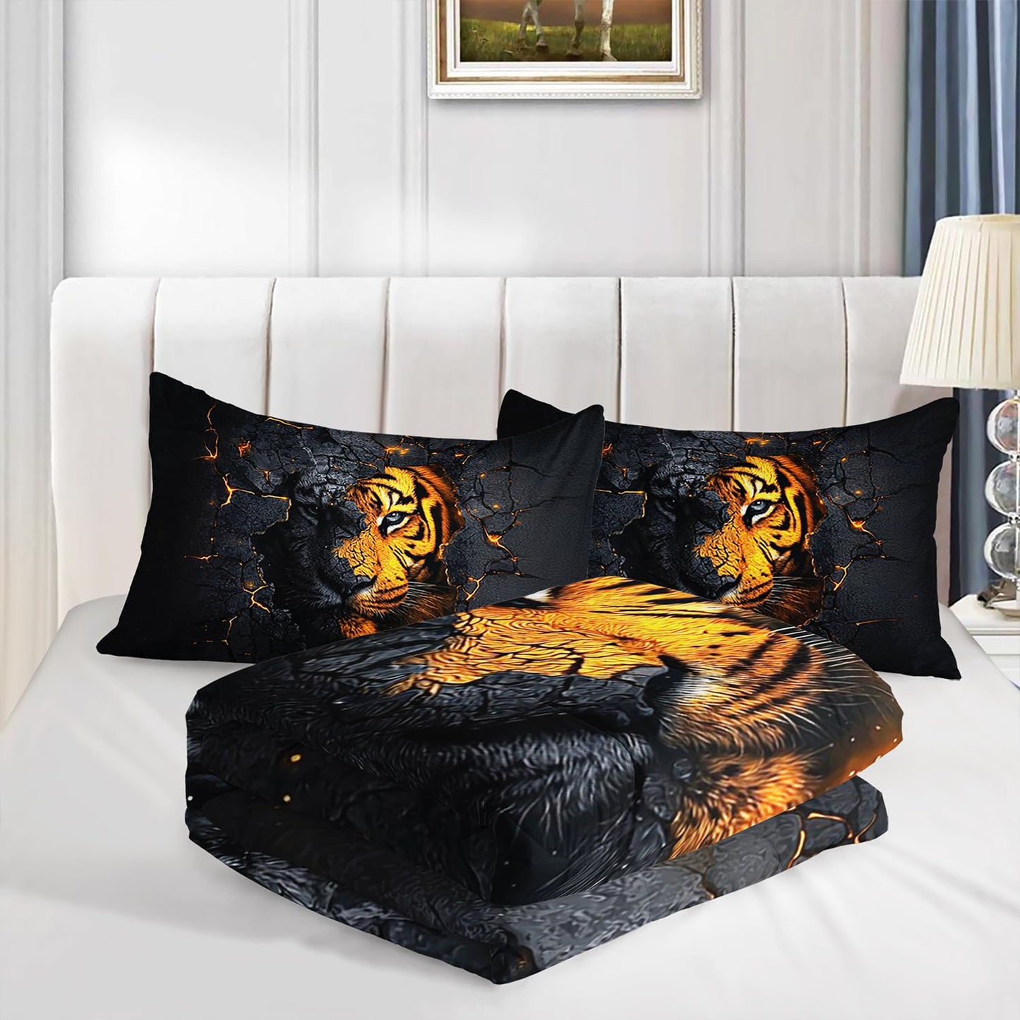 XYNHML 3D Wildlife Tiger Printed Comforter Set 3Pcs Twin Wild Hunting Tiger Bedding Set for Kid Teen Boy Girl Adult Tropical African Jungle Animal Quilt Bed Decor with 1 Comforter & 2 Pillowcases