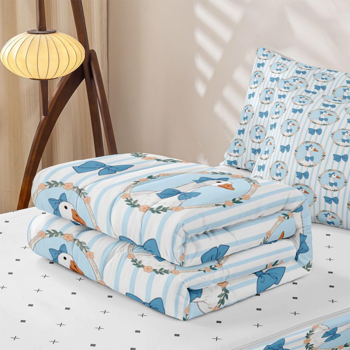 Erosebridal Duck Zippered Bedding Set Full Bowknot Comforter Set Pastoral Style Bow Stripes Wreath Bed in a Bag Cute Cartoon Ducks Blue Bow Zipper Quilt Fitted Sheet,2 Pillowcases