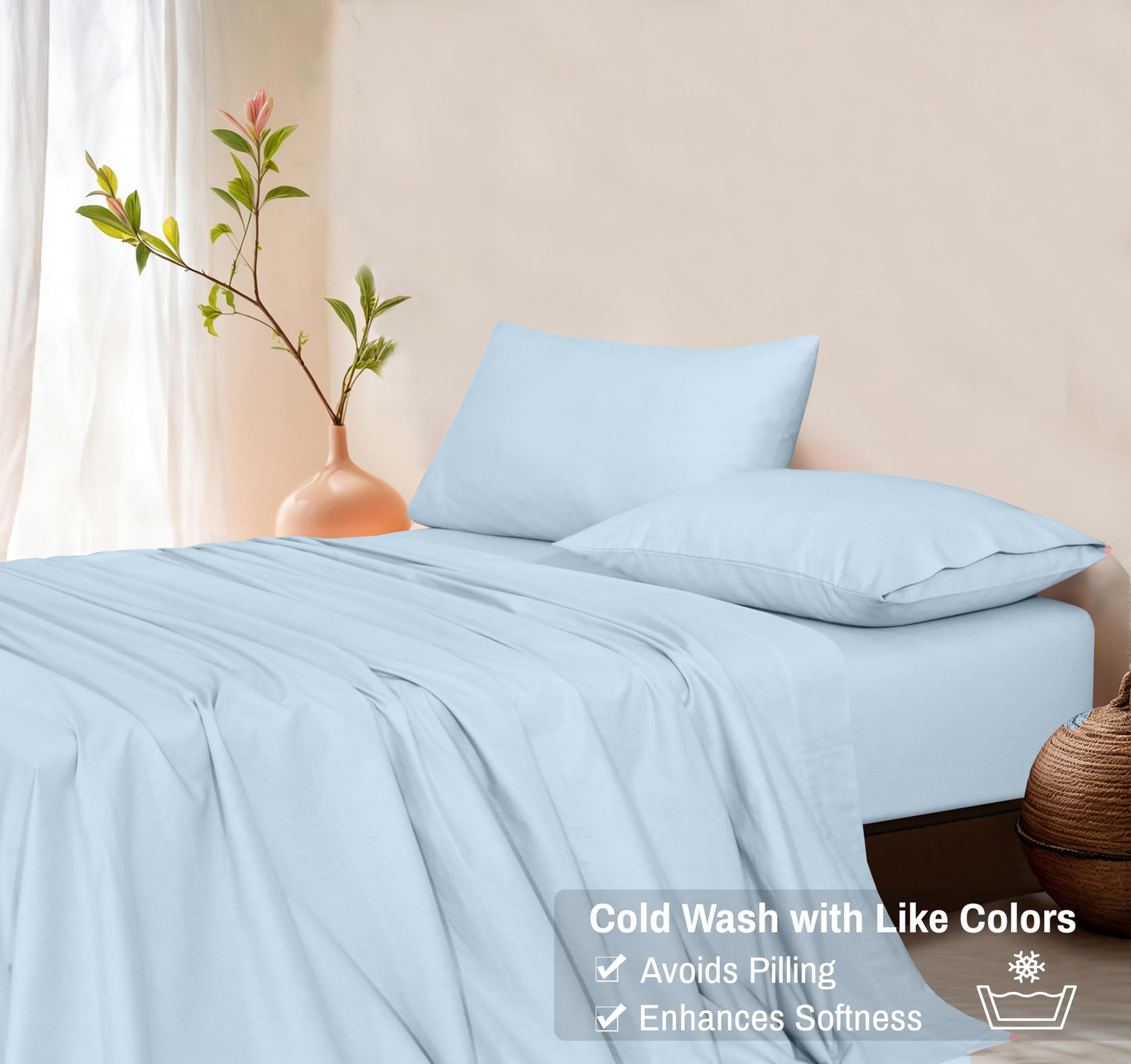RUVANTI Flannel Sheets Queen Size - GOTS Certified 100% Organic Cotton, 4 Piece Warm, Soft & Breathable Set, Deep Pocket Snug Fit, Double Brushed Cozy All Season Bedding, Baby Blue