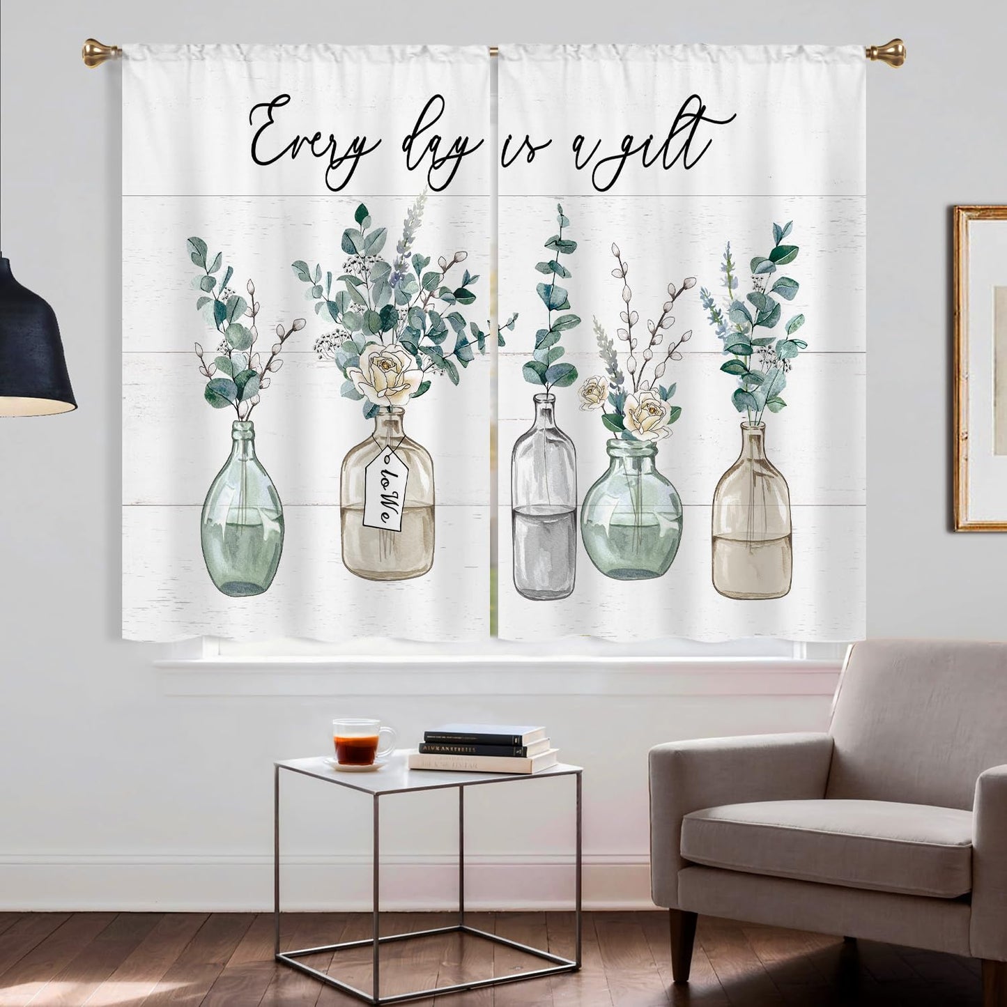 Cizuug Eucalyptus Bottles Plant Kitchen Curtains Green Leaf BotanicalSage Small Short Cafe Window Curtains Farmhouse Rustic Floral Vase Bathroom Tier Window Treatment Drapes 2 Panels