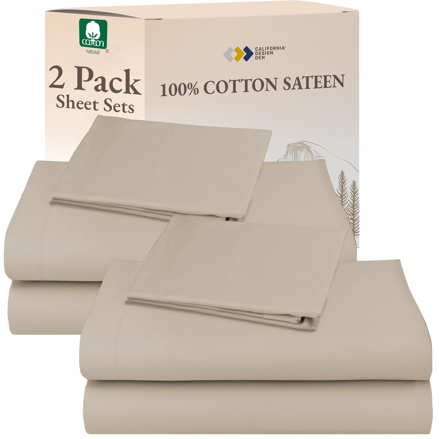 California Design Den 100% Cotton Pack of 2 Twin XL Sheet Sets, Soft & Durable Extra Long Twin Sheet Sets with 12" Pockets, Twin XL Sheets with Sateen Sheets - Beige (Warm Taupe)