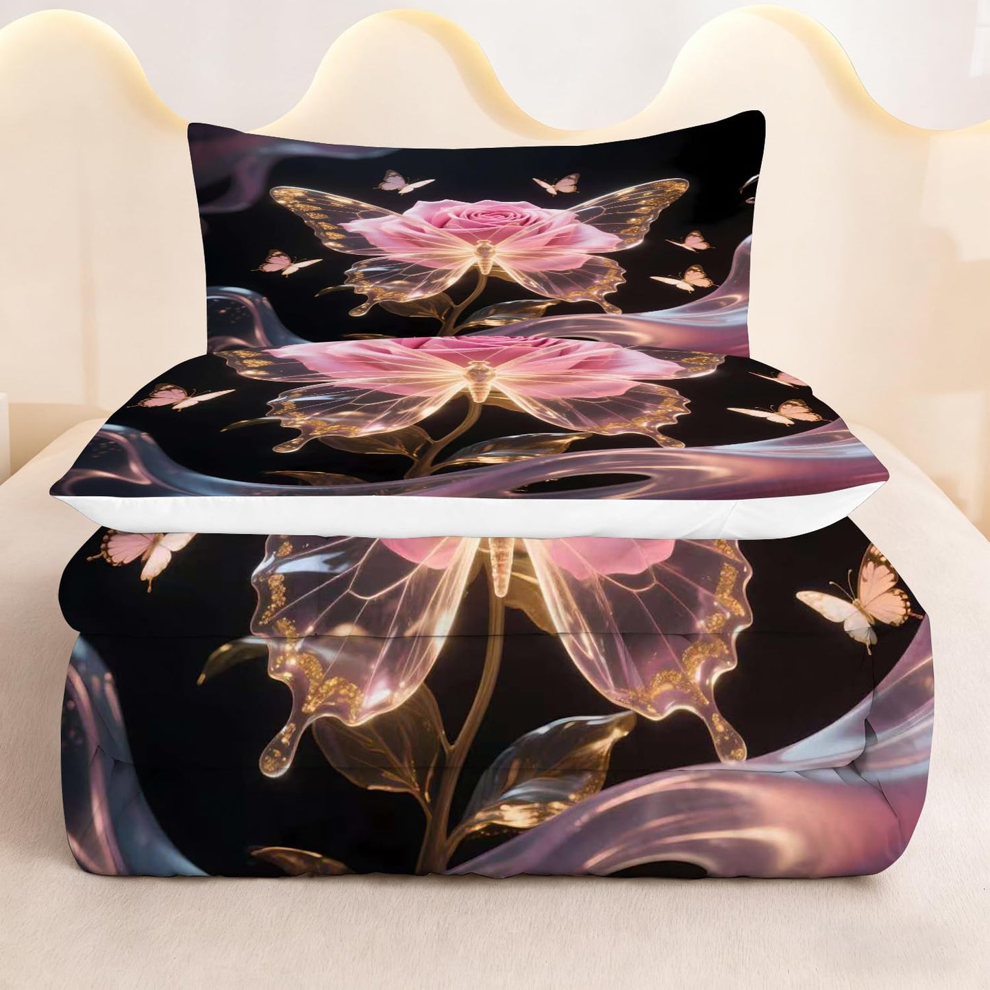 CERYUEE Butterfly Bedding Set Butterfly Twin Comforter Set for Girls Kids Woman 3D Pink Rose Flower Quilt for Bedroom Decor Black Cute Bedding 1 Comforter + 1 Pillow Case