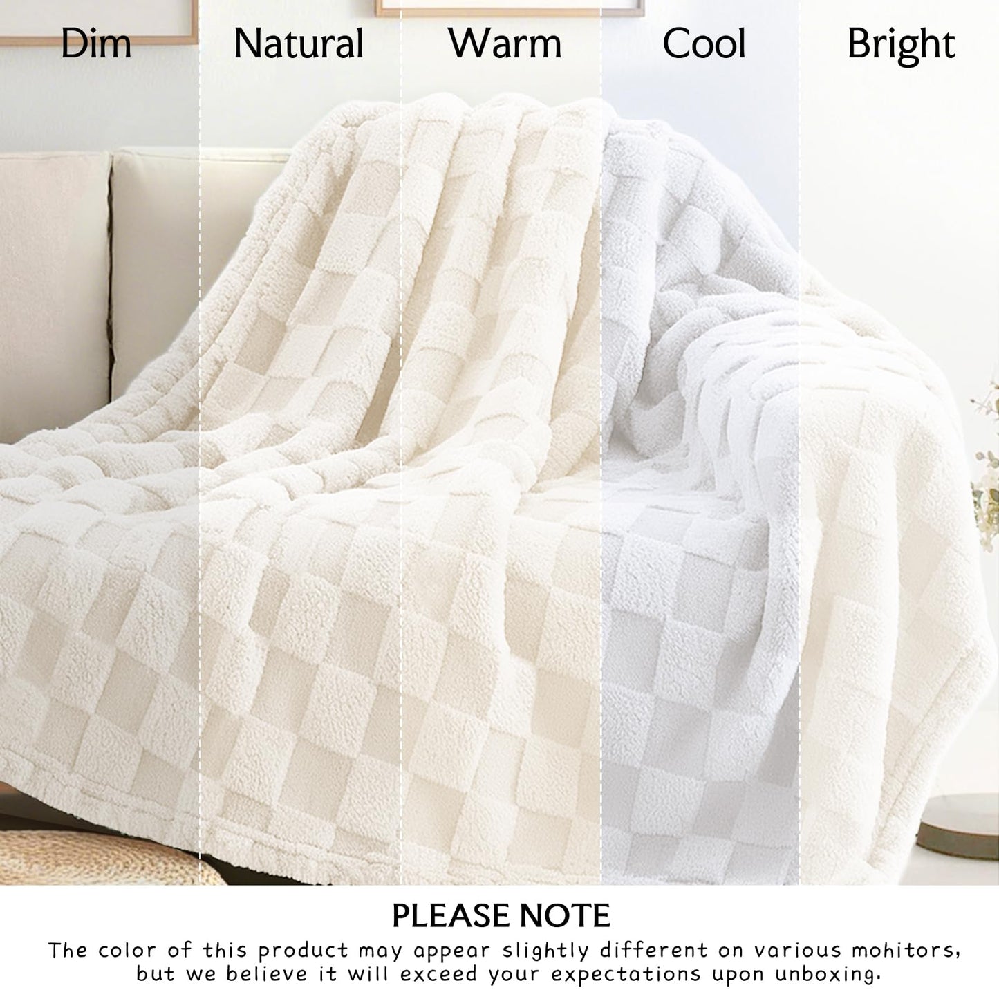 NovaSunrise Checkerboard Fleece Throw Blankets Soft Flannel Plush Blankets for Couch, Sofa, Bed, Home - Lightweight Warm Gifts for Wedding, Travel, Pet (1, Ivory, 50x60 in (300GSM))