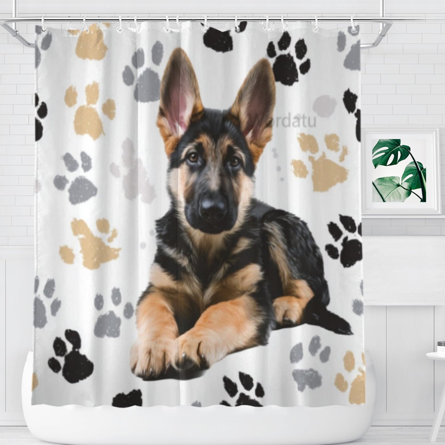 Wordatu Shower Curtain Pawprint German Shepherd Animal Paw Black and Gray Waterproof Polyester Fabric 72x72 Inches Set with Hooks
