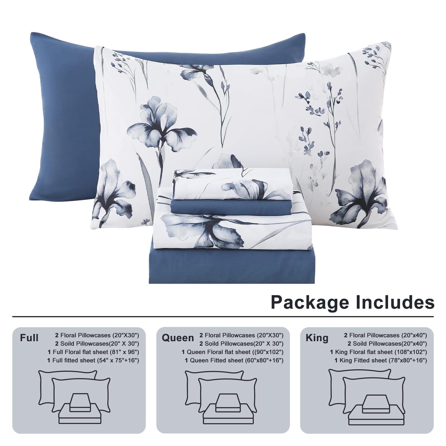 Swiftify Botanical Queen Bed Sheets Set 6-Piece, Boho Floral Brushed Microfiber Sheets, Cooling Bed Sheet Set, Soft & Breathable, 16' Deep Pocket Fitted Sheet & Pillowcase Set, Vintage Ink Iris