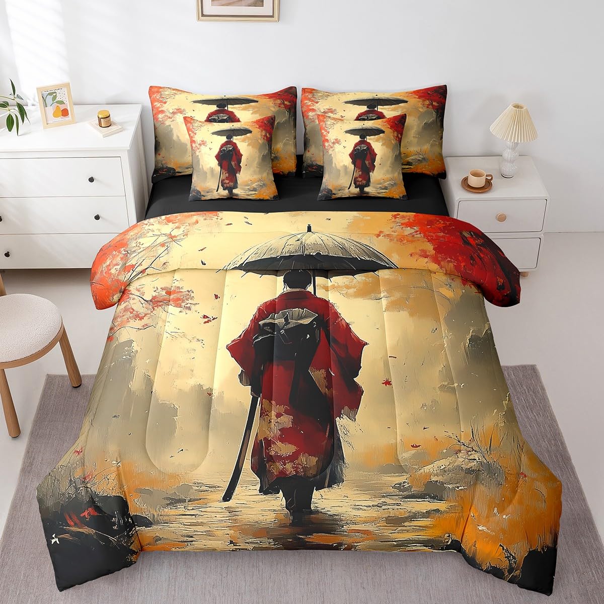 Erosebridal Aesthetic Japanese Bedding Set 7Pcs,Japan Kimono Comforter Set Twin for Girl Women Lady,Samurai Ukiyoe Quilt,Japan Scenery Bed in a Bag