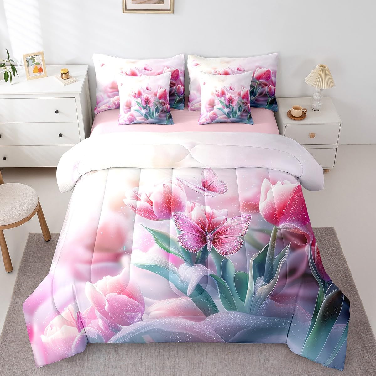 Feelyou Kids Floral Flower 7 Pieces Bedding Set Queen Size, Valentine's Day Bed in A Bag Romantic Comforter Set with Sheets Boys Girls Butterfly Teens Bed Set Bedroom Decor 7Pcs