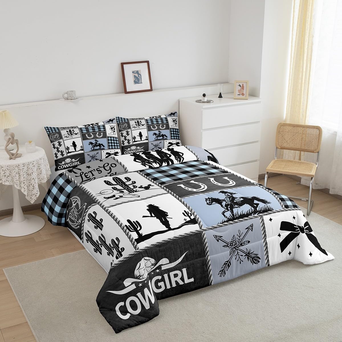 Western Cowgirl Girly Comforter Set Queen Size,Cactus Horseshoe Cow Skull Bow Bedding Set,Girls Women Room Decor,Cowgirl Boot Geometric Plaids Down Comforter,Blue Rustic Duvet Insert,2 Pillowcases