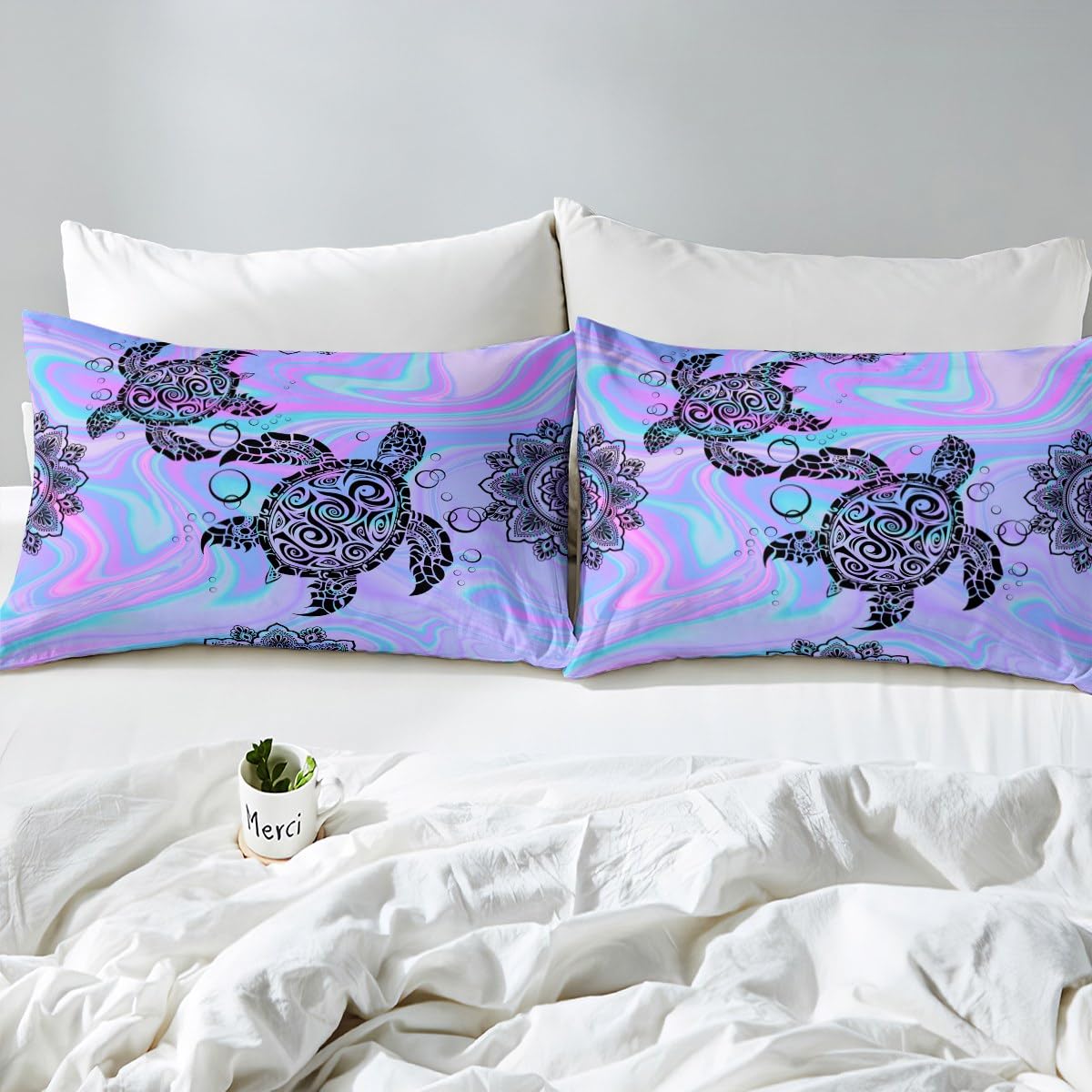 Castle Fairy Kids Tie Dye Sea Turtle Full Fitted Sheet 4pcs,Mandala Flowers Tortoise Animal Bed Sheet Set for Girls Teens Bedroom,Purple Blue Marble Polyester Bedding Set with 1 Flat + 2 Pillowcases