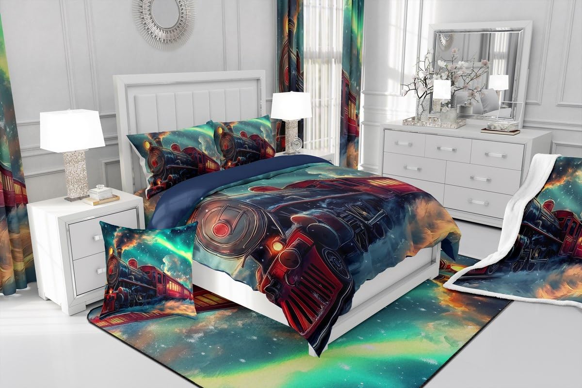 Erosebridal Aurora Train Bedding Set Twin,Steam Train Comforter Set for Boys Girls Kids,Winter Snow Scene Bed Comforter Sets Transportation Trains Quilt Bed Set with 1 Pillowcase Bedroom Decor