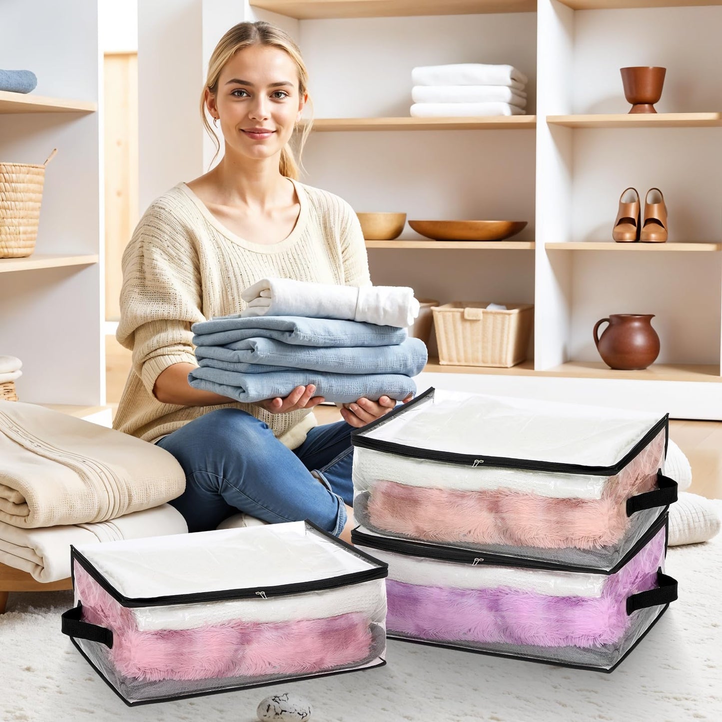 6Pcs Clear Blanket Storage Bags with Zipper, Plastic Storage Bags for Closet Clothes Comforter Toys Sweaters Bedding, Bed Sheet Organizers (35L, 9.5 Gallons)