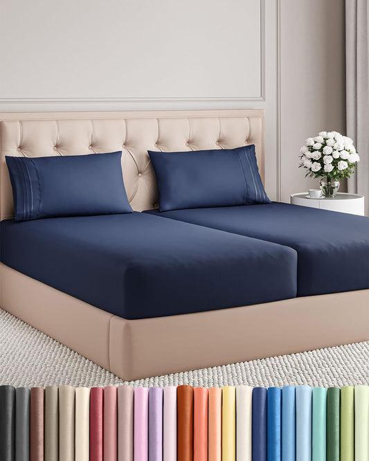 Split King Size 5 Piece Sheet Set - Comfy Breathable & Cooling Sheets - Hotel Luxury Bed Sheets for Women & Men - Deep Pockets, Easy-Fit, Soft & Wrinkle Free Sheets - Navy Blue Oeko-Tex Bed Sheet Set
