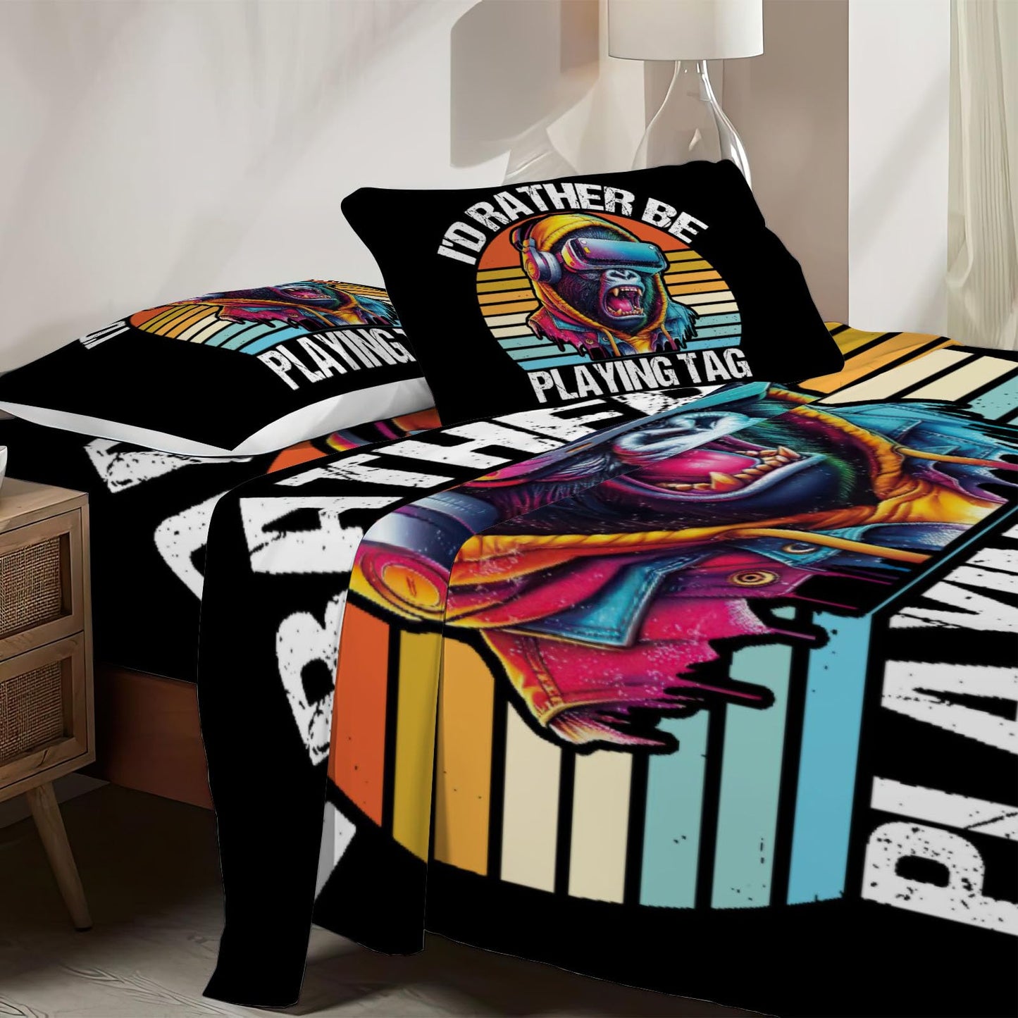 Allenjoy Twin Size Vr Gorilla Game Fitted Sheet Chasing Gorillas Bed Flat Sheets Bedding Set Deep Pockets Up to 16" Bedroom Decor with 1 Pillowcase SC00305-009