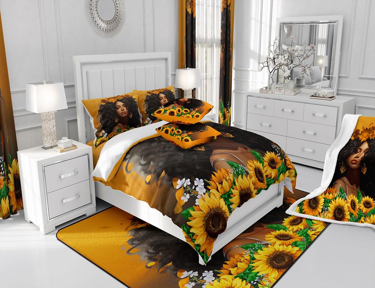 Homewish American African Comforter Set Queen Size,Lovely Black Woman Bedding Set for Kids Girls Teens Adult Room Decor,3D Sunflower Quilt Set 3Pcs Nature Romantic Beauty Duvet Insert,2 Pillowcases
