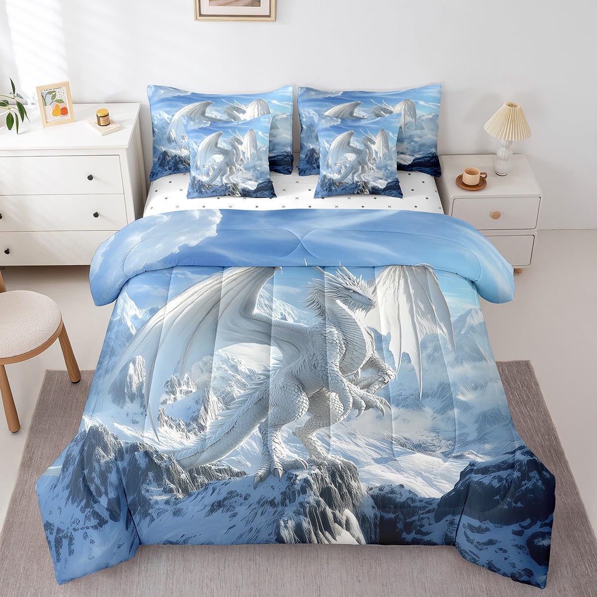 7 Pieces White Dragon Comforter Set Queen,Snow Mountain Wild Animal Bed Set for Kids Boys Girls,Western Dragon Bedding(1 Comforter,1 Fitted Sheet,1 Flat Sheet,2 Pillowcases,2 Throw Pillow Cover)