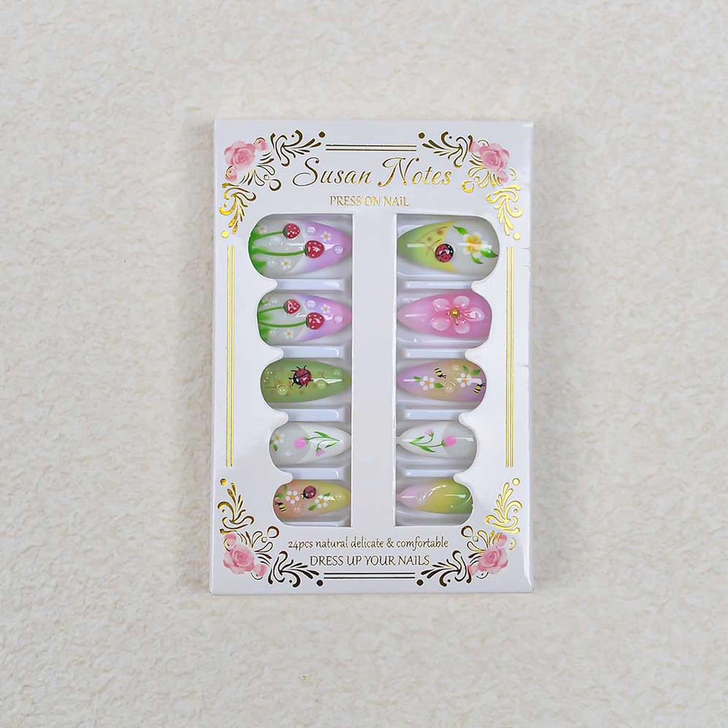 24Pcs Summer Flower Press on Nails Medium Kit Colorful - 3D Ladybug, Strawberry Flower, French Almond-Shaped False Nails Spring Summer Nail Art Handmade Stick on Nails for Women
