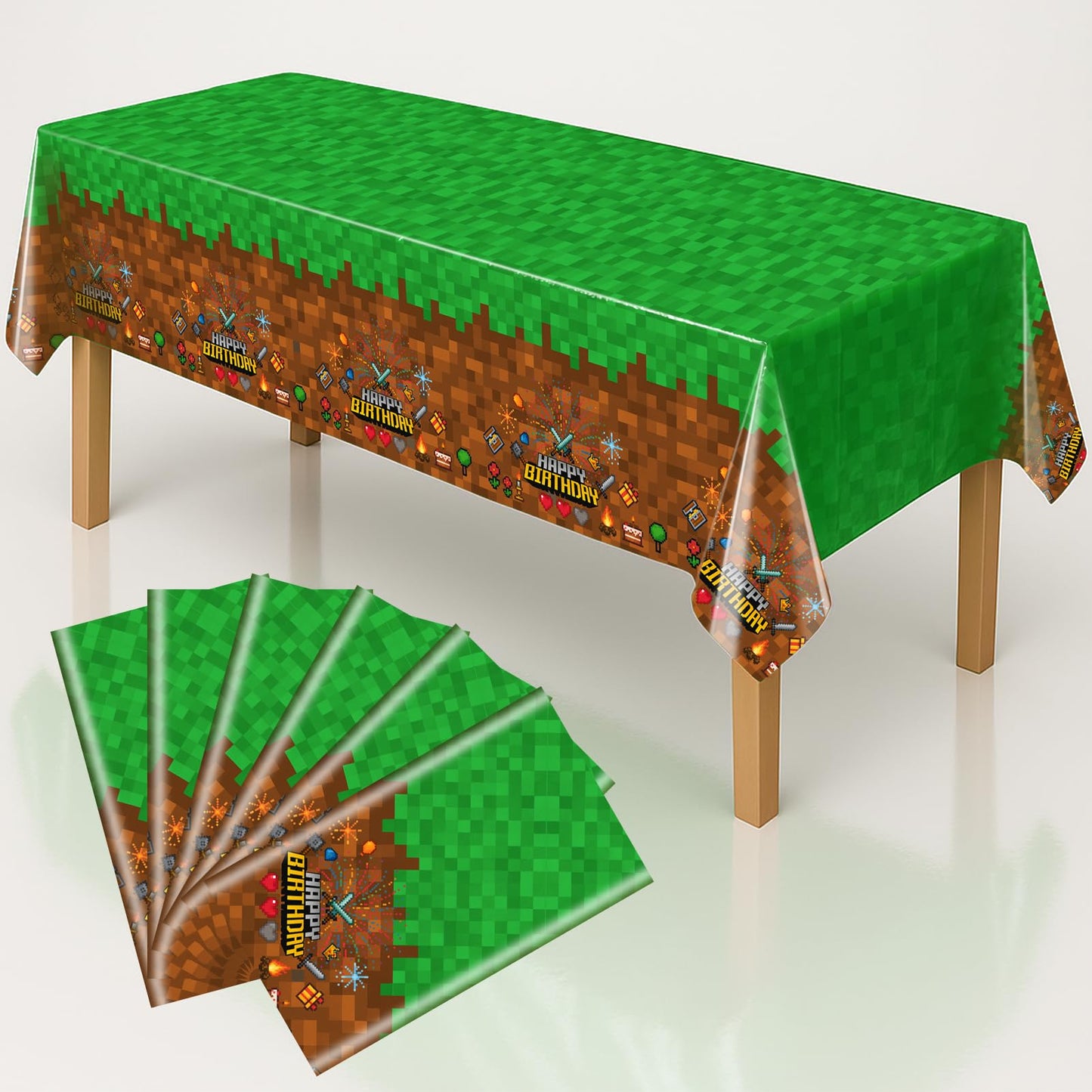 iCrius Pixel Design Party Tablecloths - 6 Piece Set - 54"x108" Oversized - Ideal for Craft Mining Theme Parties & Gamer Decor