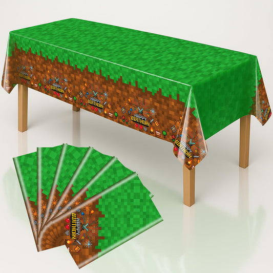 iCrius Pixel Design Party Tablecloths - 6 Piece Set - 54"x108" Oversized - Ideal for Craft Mining Theme Parties & Gamer Decor