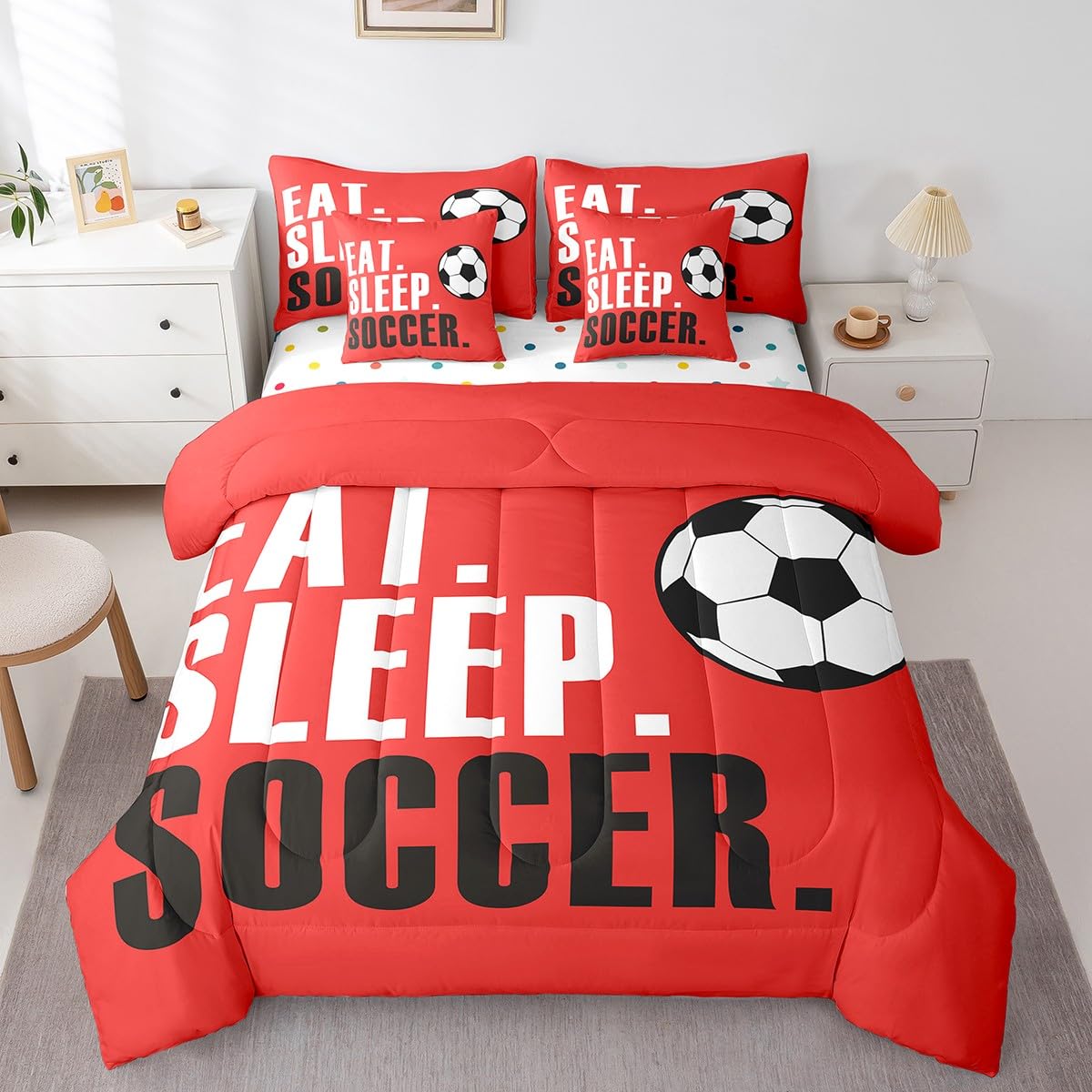 Feelyou Football Comforter Set 7 Piece Soccer Ball Sports Bedding Twin Comforter Set for Boys Girls Women Men Red Eat Sleep Football Bedding Set Ball Games Room Decor Bed in a Bag