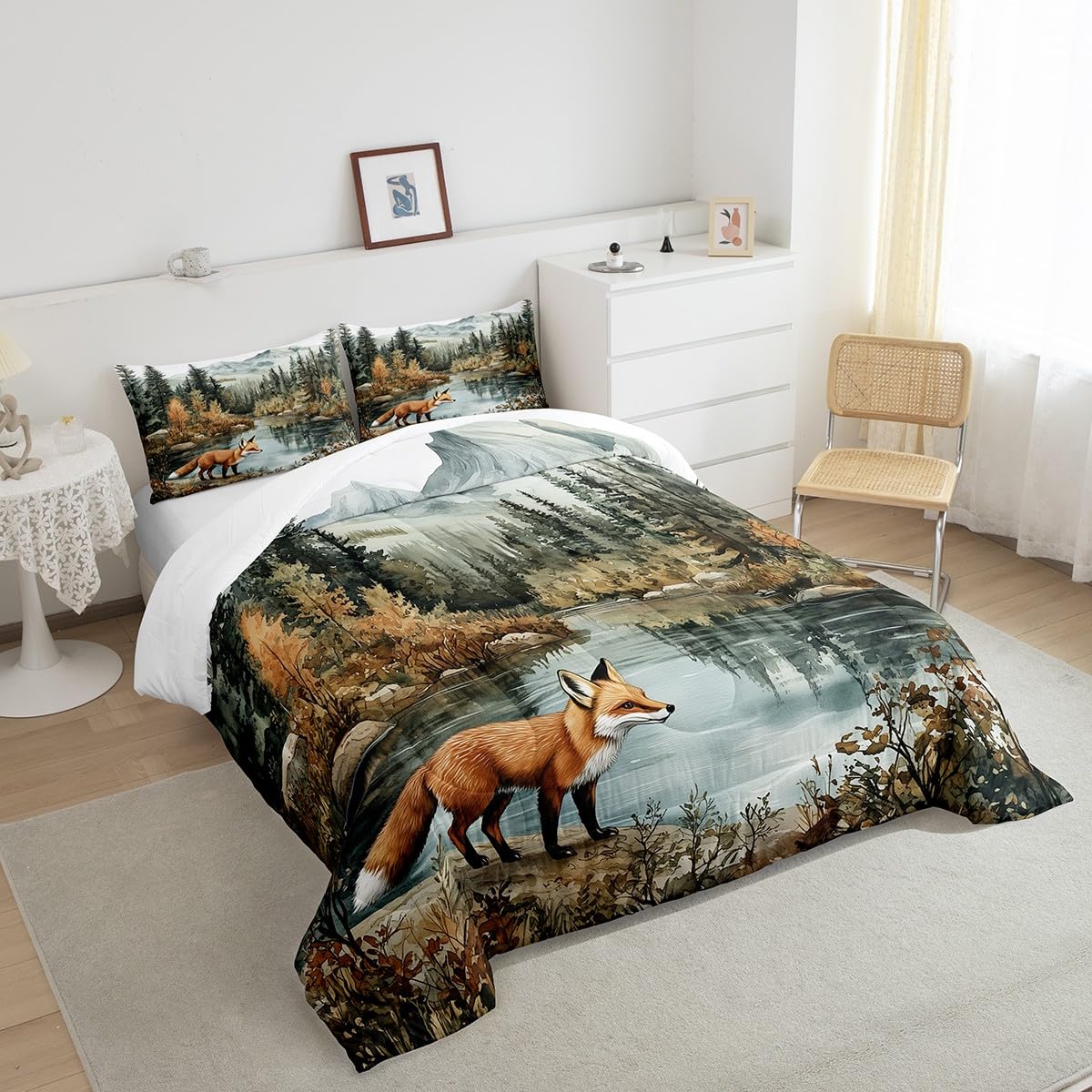 Fox Woodland Bedding Set Full Size,Woodland Pine Tree Comforter Set for Kids Girls Boys Adults Room Decor,Lake Mountain Wildlife Duvet Insert 3Pcs,Nature Botanical Soft Quilt Set,2 Pillowcases