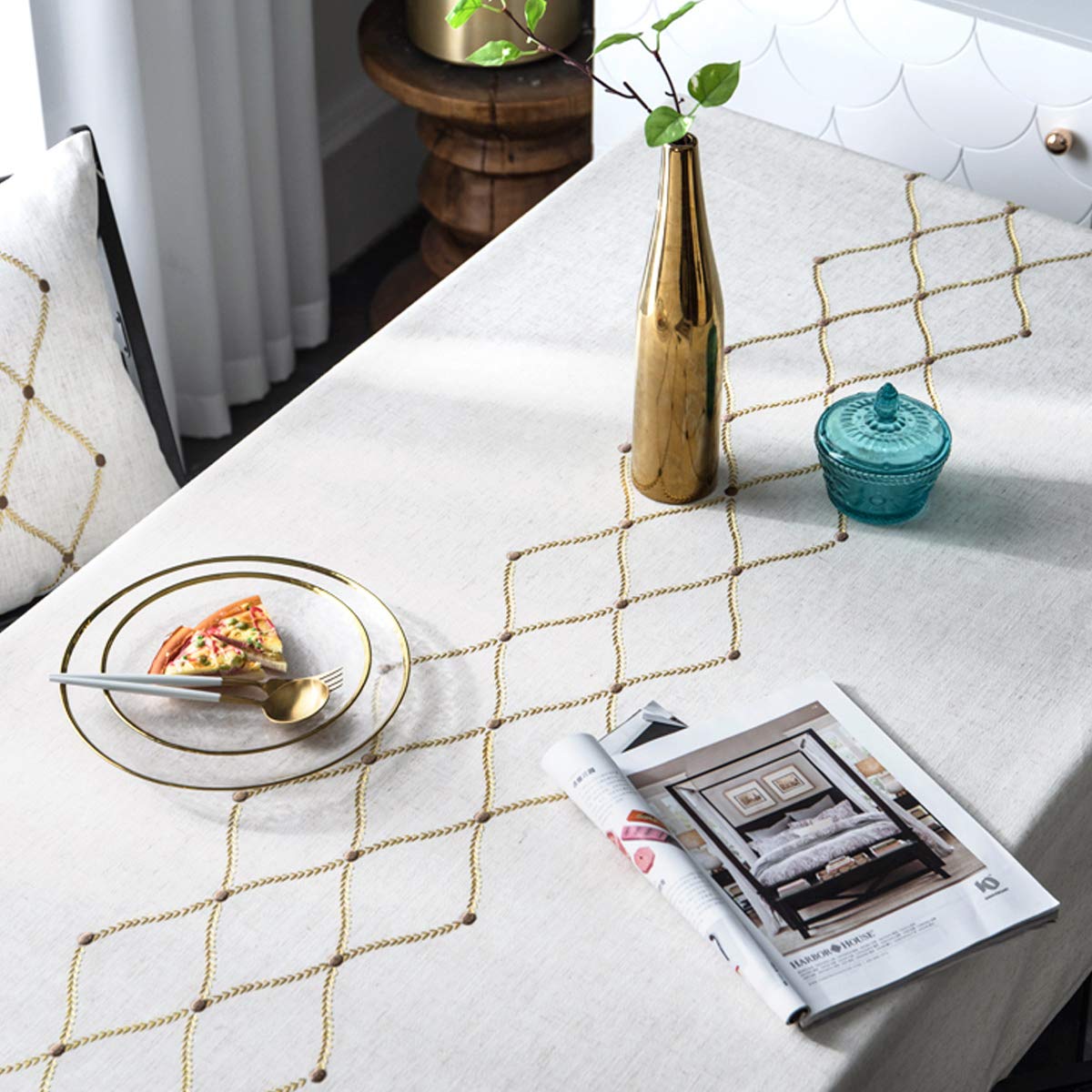 Bringsine Embroidery Geometric Tablecloth Heavy Weight Cotton Linen Fabric Water-Proof Table Cover for Kitchen Dinning Tabletop Decoration (Rectangle, 53 x 102 Inch)