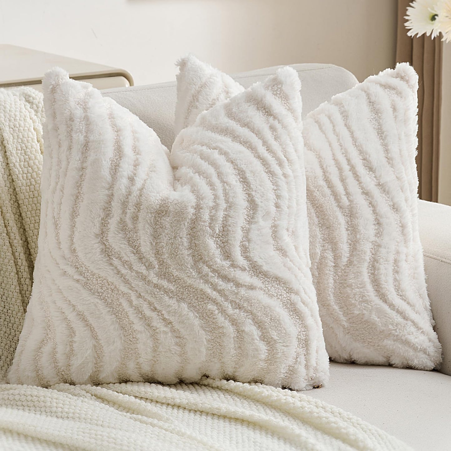 FUTEI Pack of 2 Solid Faux Fur Geometric Striped Throw Pillow Covers 18x18 Inch Soft Farmhouse Decorative Accent Lumbar Pillowcases Modern Home Decor for Couch Living Room, White