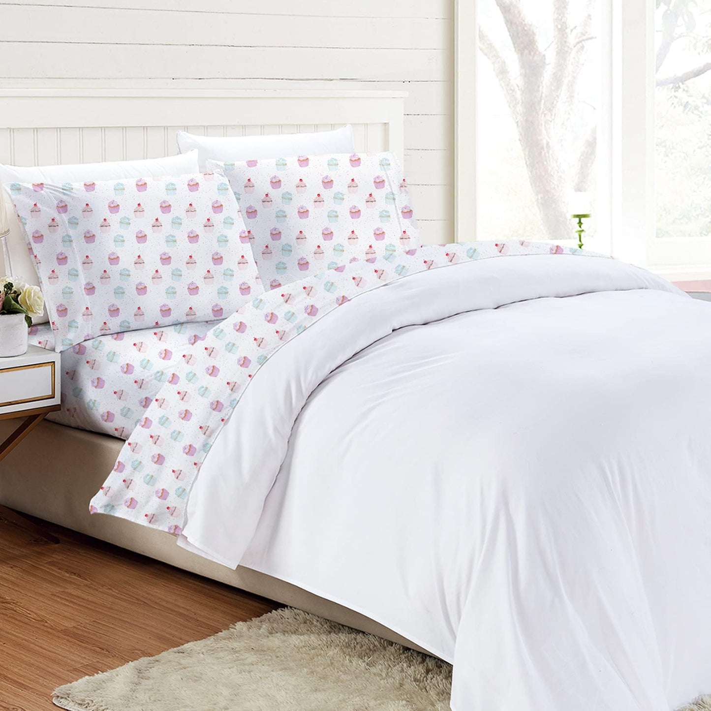Softan Kids Bed Sheet Set, 3-Piece Twin Sheets Set, Microfiber Fitted Sheet with 15 Inches Deep Pocket and Corner Straps, Breathable & Silky Soft Ice Cream Cake Pattern Sheet and Pillowcase Sets