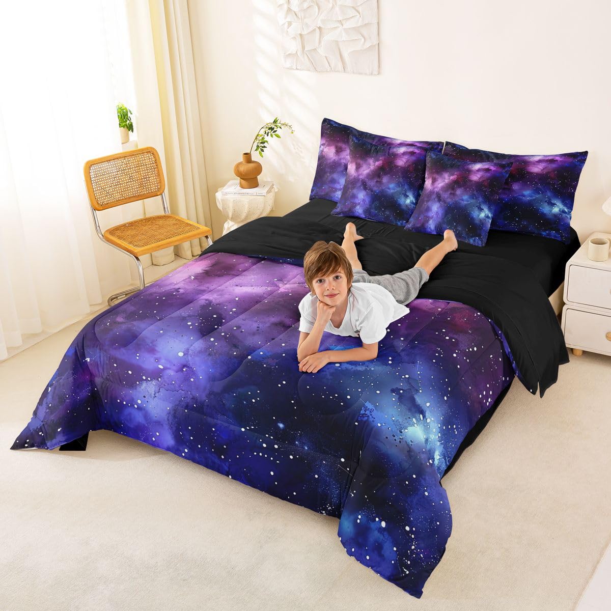 Erosebridal Universe Space Comforter Set Galaxy Bed in A Bag Queen Size 7 Pieces Purple Blue Starry Sky Bed Set Room Decor Outer Space Nebula Bedding with Sheets