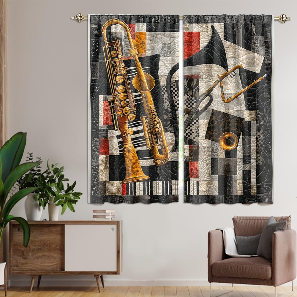 XSUPFLYM Vintage Jazz Music Instrument Window Thermal Curtain for Living Room Rustic Abstract Art Old Antique Saxophone Musician Blackout Curtains for Bedroom 2 Panels Each 21" W x 54" L