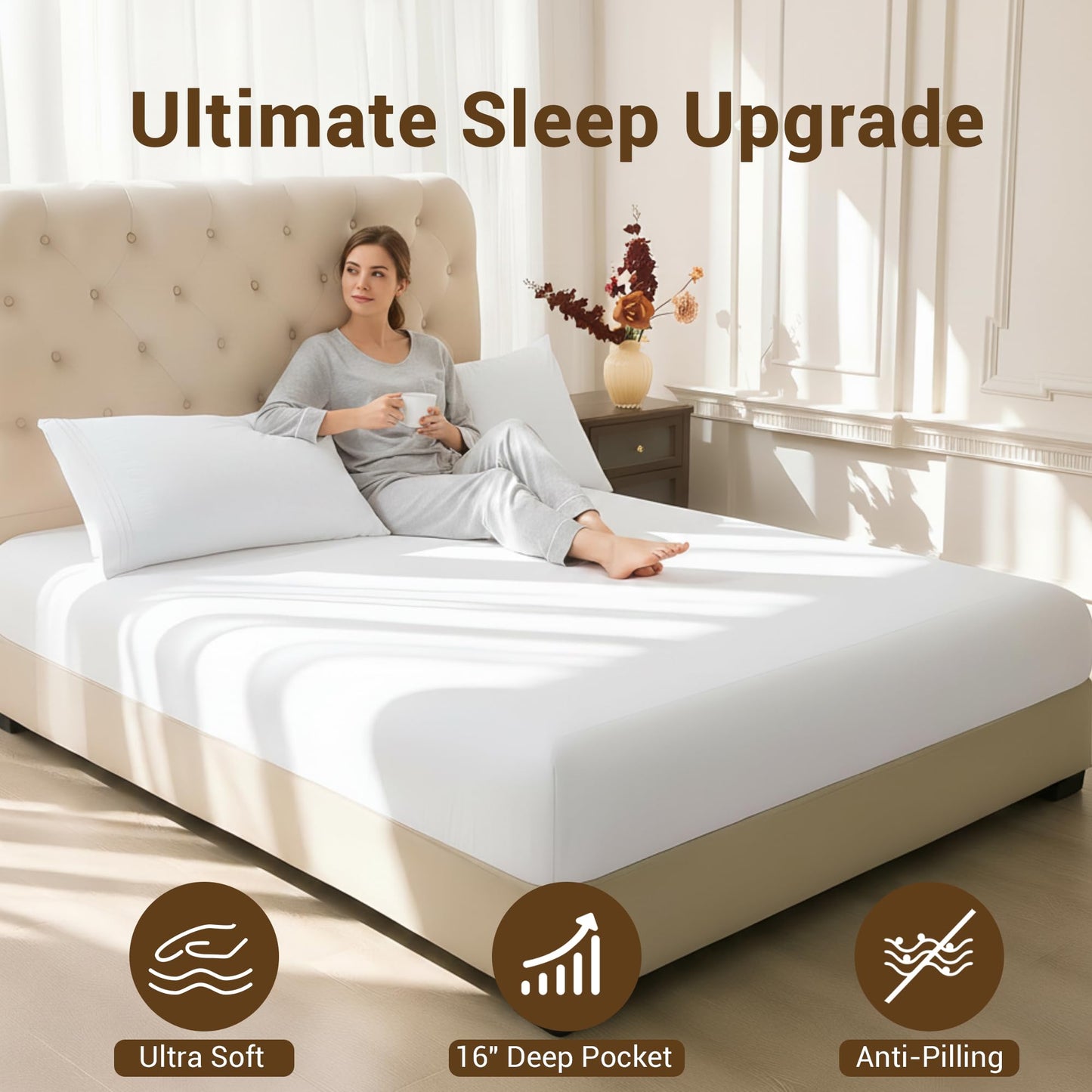 SheRest Full Size Bed Sheet Set 4 Piece - 16 Inch Extra Deep Pocket, Double Brushed Microfiber, Soft & Dry Touch, Stay in Place, Wrinkle Free, Stain & Fade Resistant Bedding - White