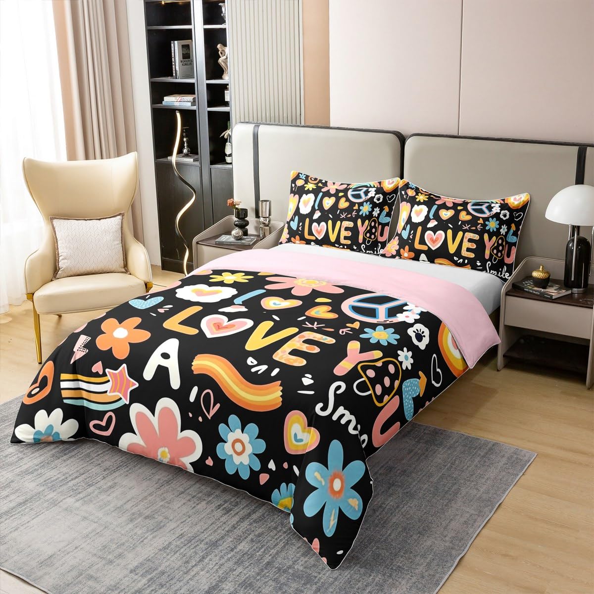 100% Cotton Groovy Flower Comforter Cover Twin for Kids,Cartoon Rainbow Stars Daisy Peace Sign Bedding Set Cute Room Decor for Teen Girls,Hippie Aesthetic Funny Duvet Cover Y2K Decor Bedspread Cover