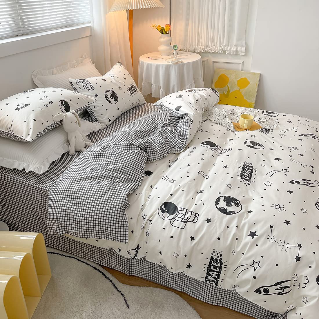 LIWHENHAO Space Duvet Cover Set 100% Cotton Full Queen Cartoon Rocket Astronaut Universe Planet Bedding 1 Black White Comforter Cover 2 Pillowcases for Kids Girls Boys Teens Woman
