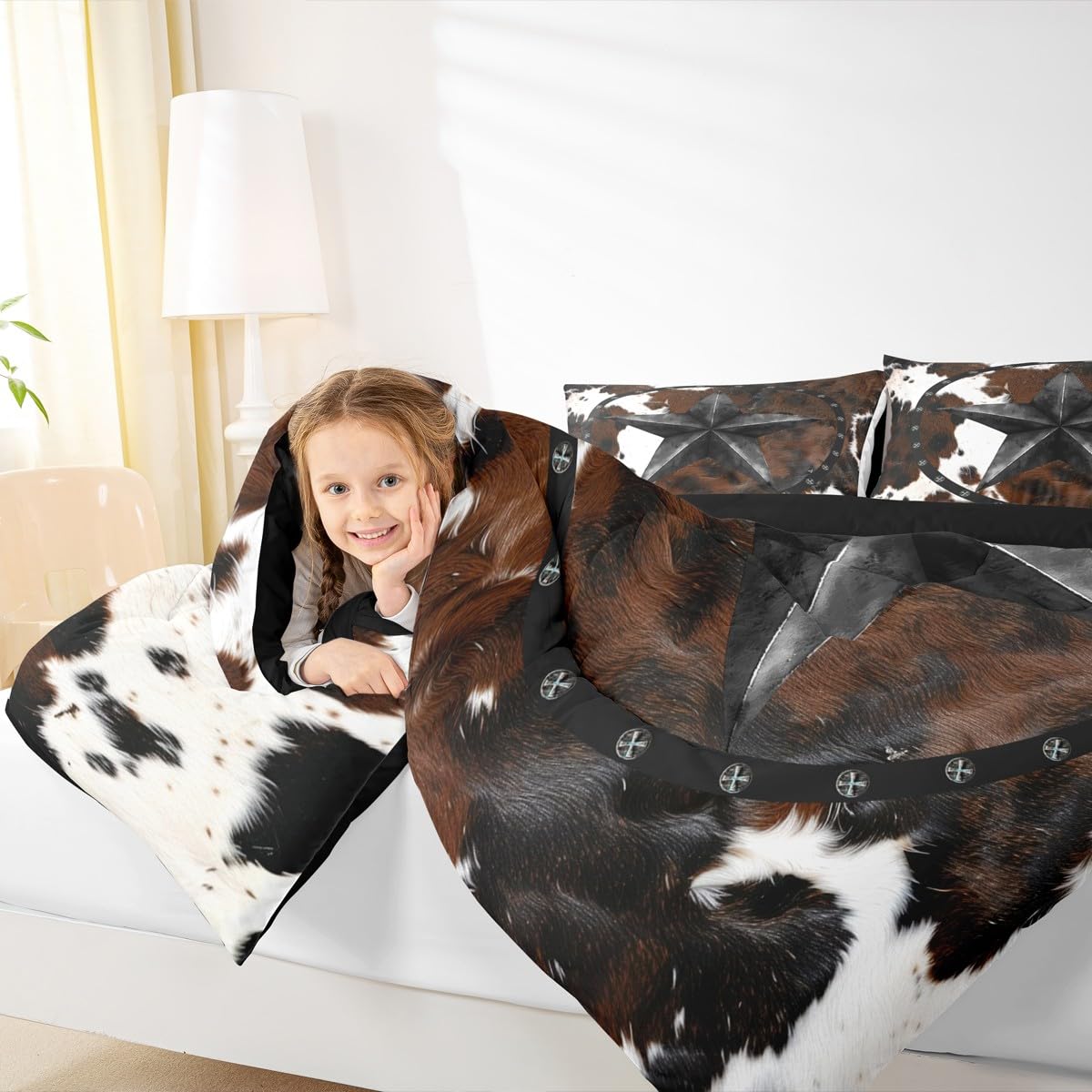 jejeloiu Texas Star Bedding Set Soft for Boys Girls, Western Cowhide Comforter Set Queen Size Farmhouse Rustic Duvet Quilt Microfiber Cow Fur Print Bedroom Decor 3 Pcs with 2 Pillow Cases