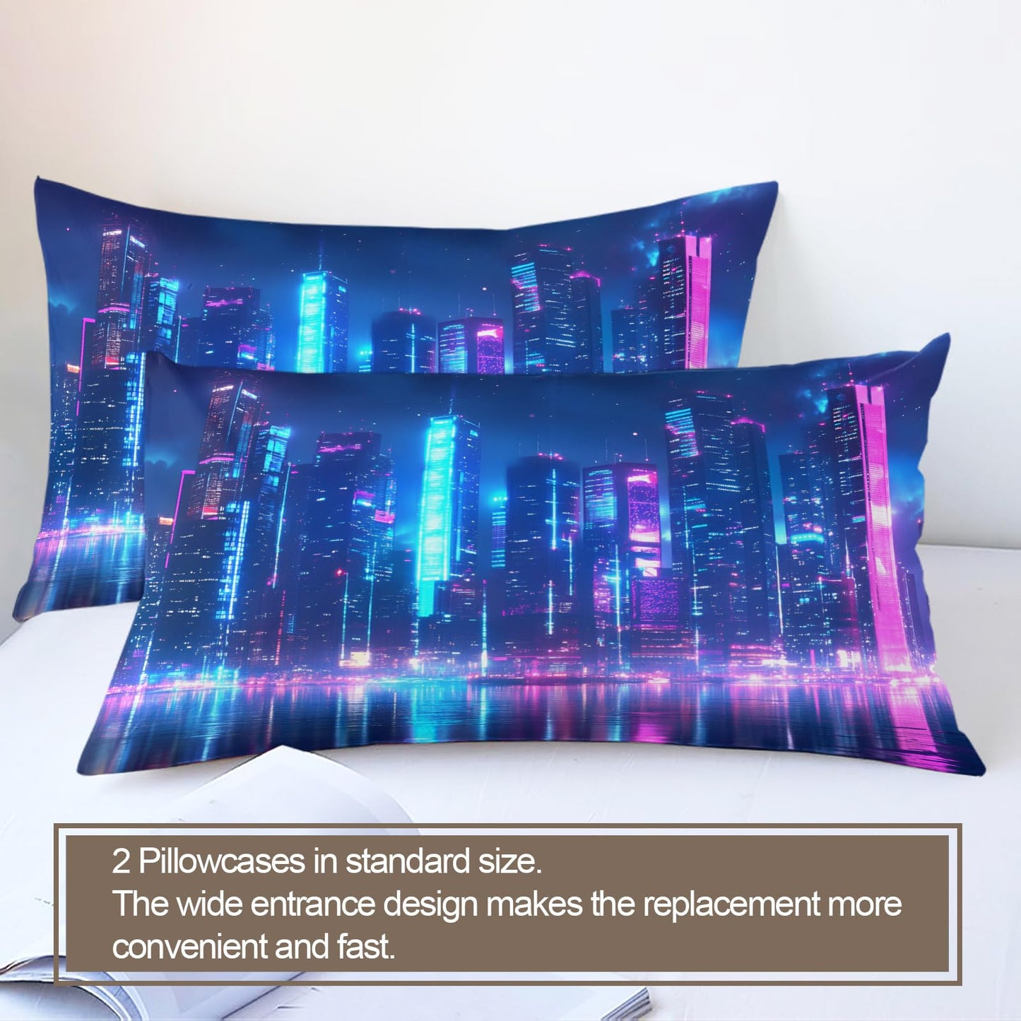 PAISUOQ Cityscape Duvet Cover King, Neon City Comforter Cover with Zipper Ties, Sci-Fi Futuristic Bedding Set, 3 Pieces with 2 Pillow Cases, Home Decor & Gifts
