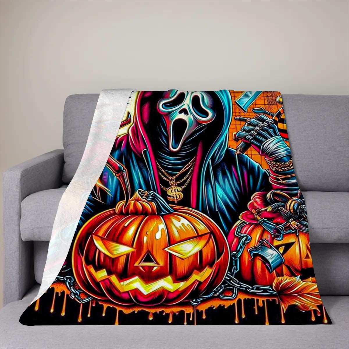 Halloween Ghostface with Pumpkins and Spiders Flannel Throw Blanket, 40"×50"（100 * 125cm Soft Anti-Pilling Fleece Blanket for Couch, Sofa, Bed, Lightweight and Breathable for Home, Office, Travel