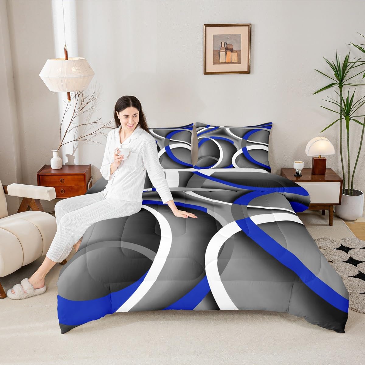 Stripes Comforter Set Queen Kids Boys Teens Gray Black Blue Swirls Room Decor Abstract Stripes Circle Bedding Set,Lightweight Modern Simple Style Duvet,Youth Young Man Quilt,1 Comforter+2 Pillowcase