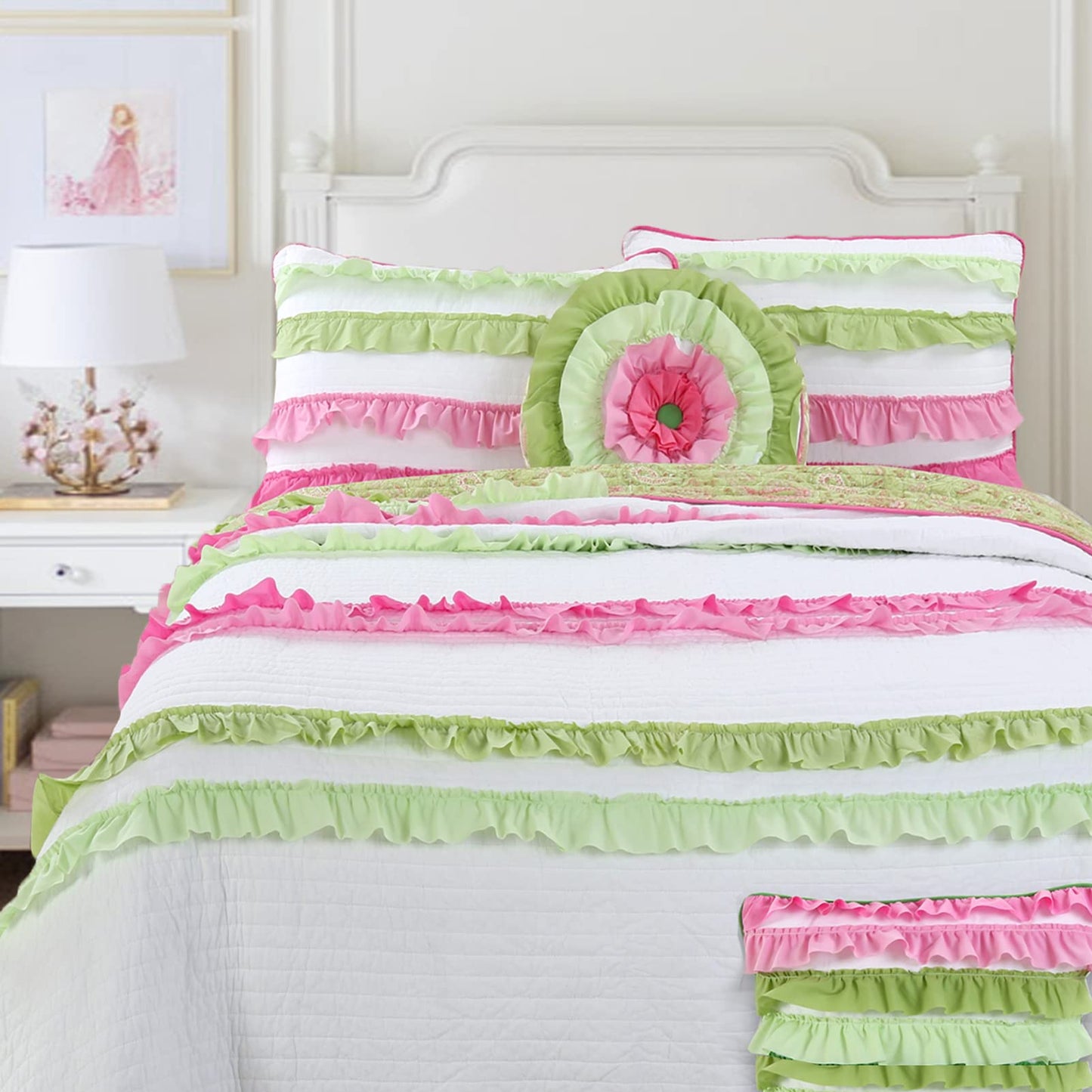 Cozy Line Home Fashions Pink Green Chic Ruffles Girl 100% Cotton Reversible Quilt Bedding Set, Coverlet, Bedspreads (Twin - 2 Piece: 1 Quilt + 1 Sham)
