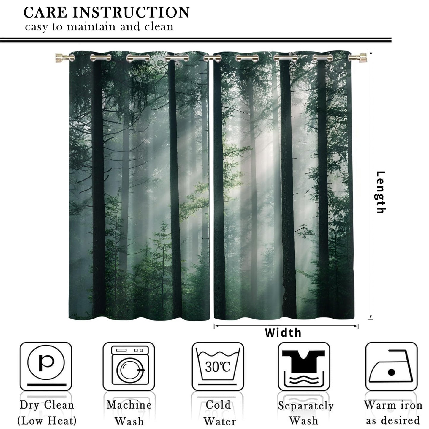 XAFIAUR Misty Forest Blackout Curtains, Green Forest Curtains for Living Room, Natural Landscape Black Out Bedroom Curtain Thermal Insulated Grommet Drapes 2 Panels, for Boys Room 26" W x 63" L x2